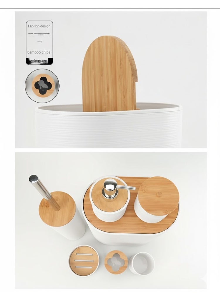 طقم مستلزمات حمام أبيض عصري 6 قطع بتفاصيل بامبو طبيعي يشمل مضخة صابون كروم، فرشاة أسنان، حاوية قمامة بغطاء فليب، كوب أسنان، صينية صابون، حاويات للمعجون والقطن – مثالي لتنظيم وديكور الحمام المودرن. - Image 5